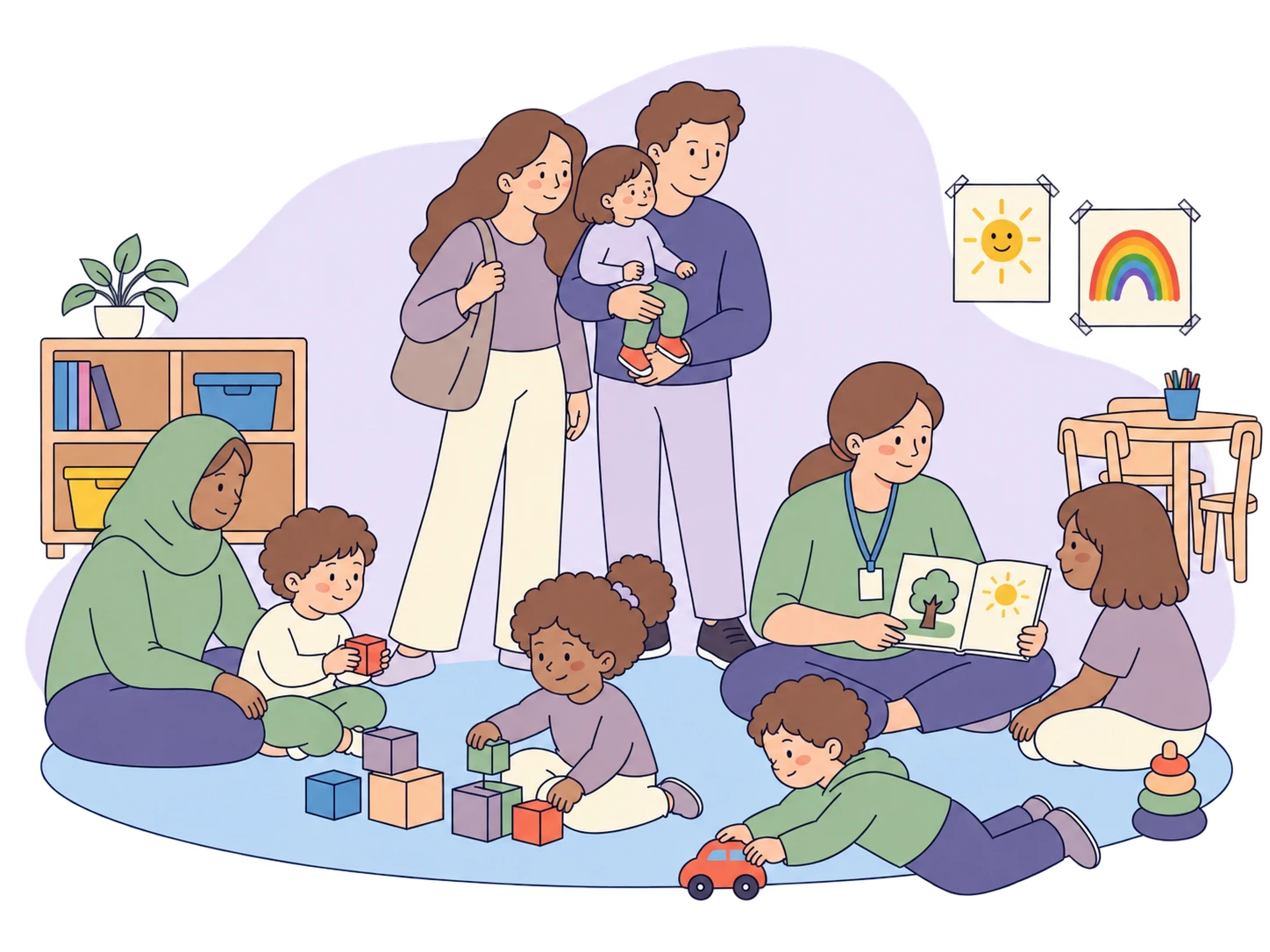 Illustration of families and an early childhood educator reading together